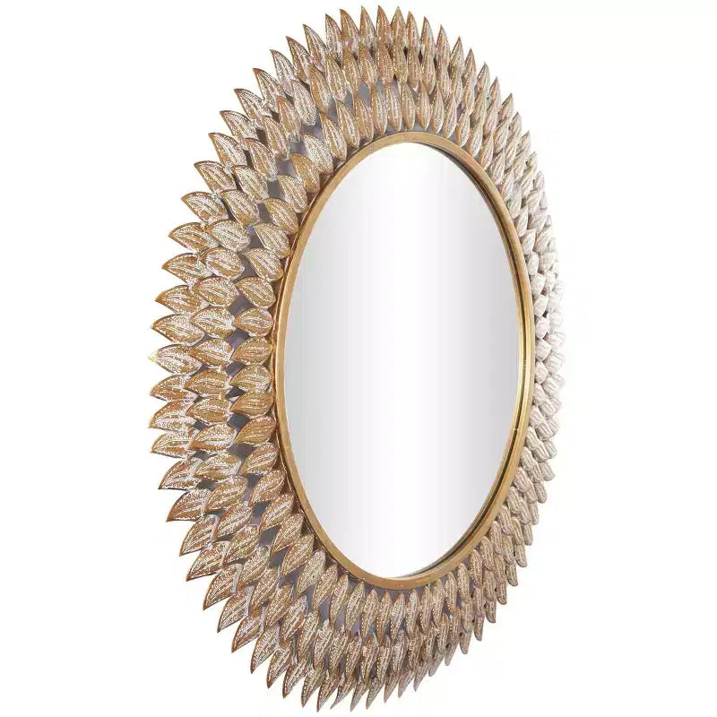 Miroir mural radial 32"x32" en métal doré en forme de feuille - Olivia & May : Cadre en fer, aucun assemblage requis