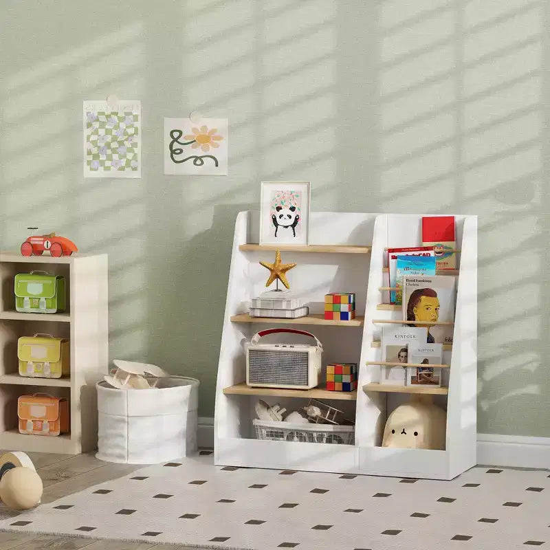 Étagère à livres et organiseur de jouets Qaba à 4 niveaux avec porte-revues, pour salon, chambre d'enfant, salle de jeux, chambre à coucher, chambre de bébé, bureau, bibliothèque, salle de classe