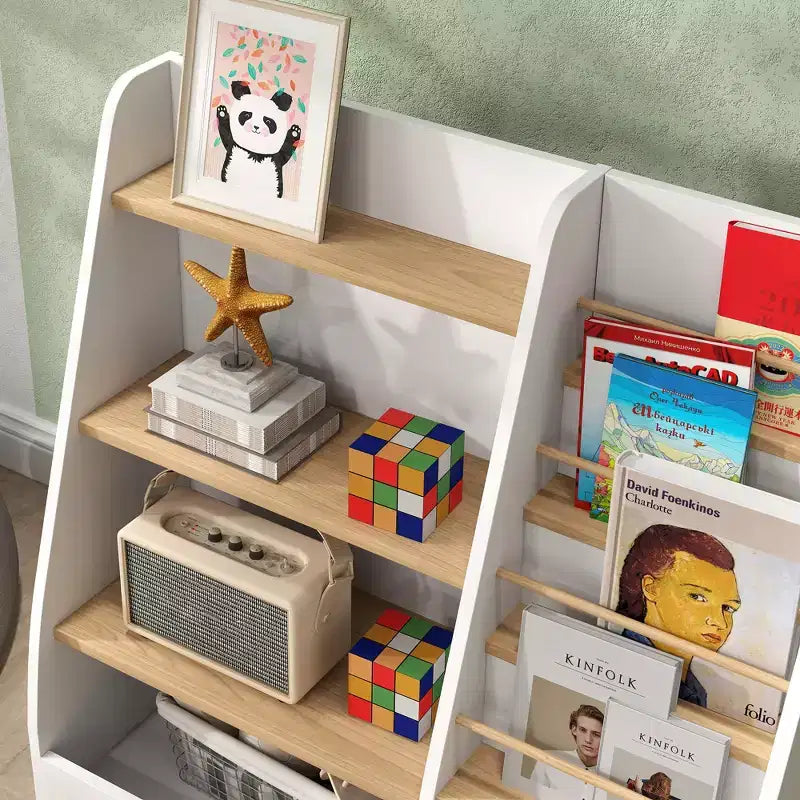Étagère à livres et organiseur de jouets Qaba à 4 niveaux avec porte-revues, pour salon, chambre d'enfant, salle de jeux, chambre à coucher, chambre de bébé, bureau, bibliothèque, salle de classe