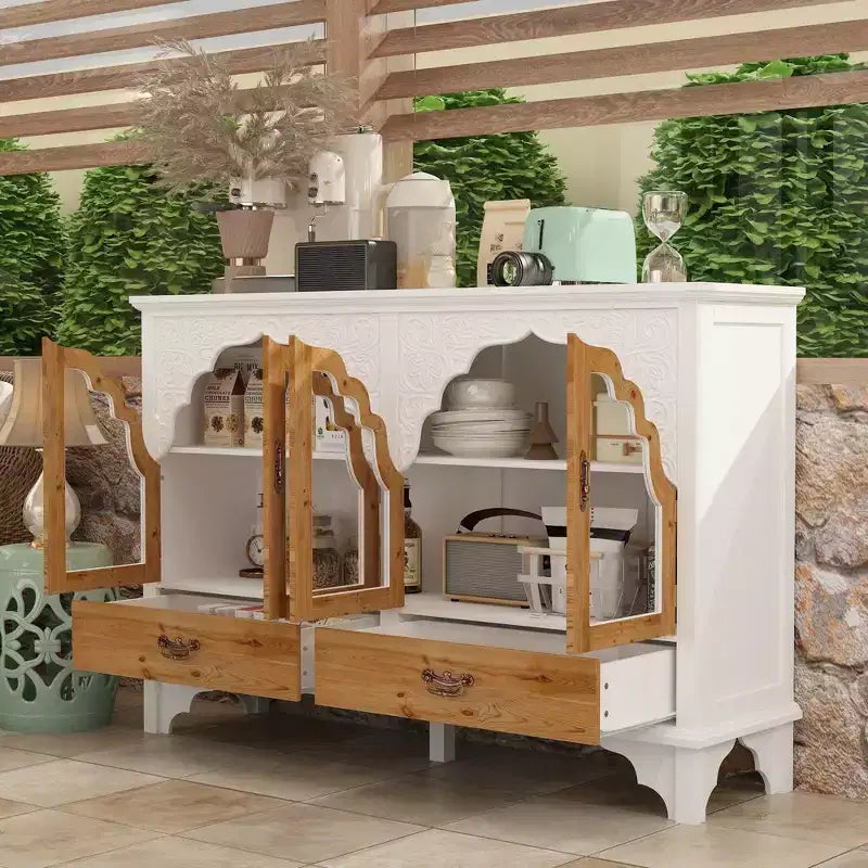 Famapy Meuble d'Appoint Blanc, Style Européen Sculpté Floral, Porte en Verre Magnétique