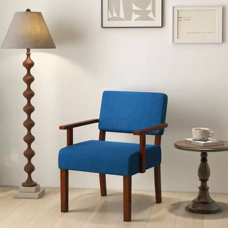 Fauteuil d'appoint Costway style Mid-Century en lin avec assise et dossier rembourrés pour salon, bleu/gris