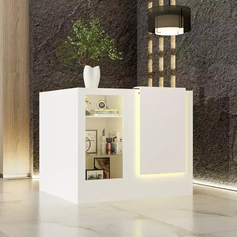 Famapy White Corner Reception Desk Display Counter Table with Tempered Glass
