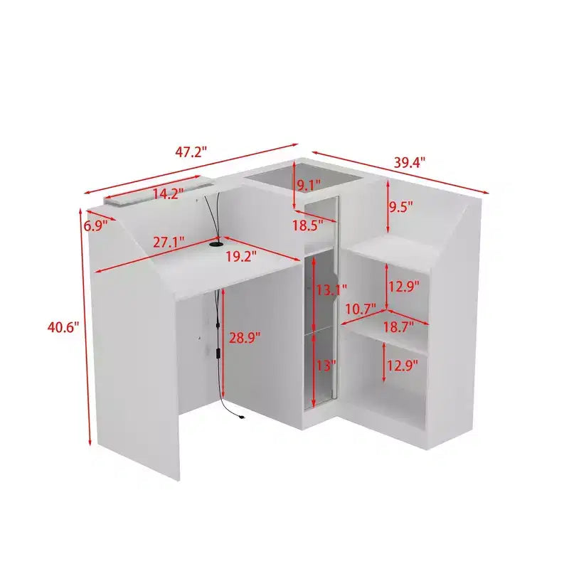 Comptoir de réception d'angle blanc Famapy avec vitrine en verre trempé