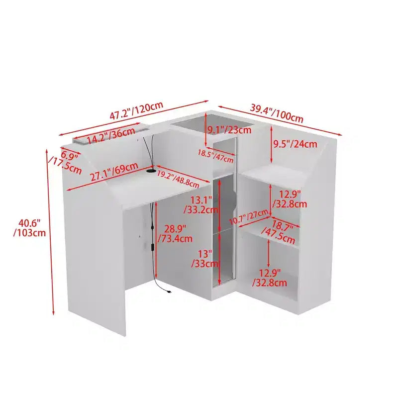 Comptoir de réception d'angle blanc Famapy avec vitrine en verre trempé