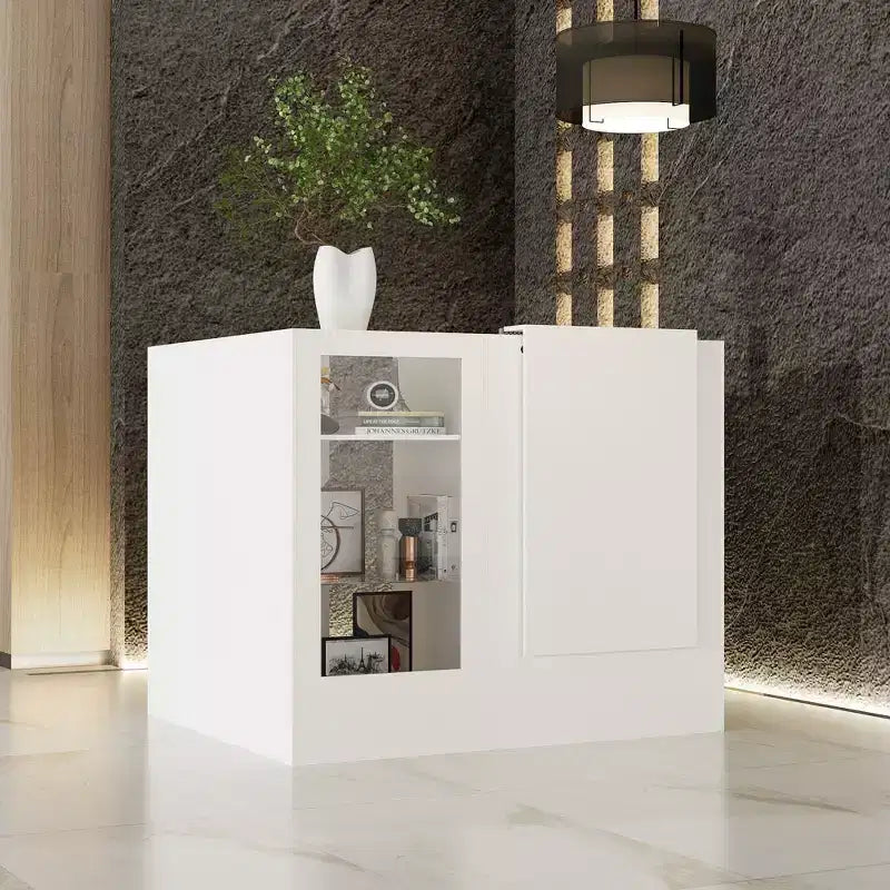 Comptoir de réception d'angle blanc Famapy avec vitrine en verre trempé