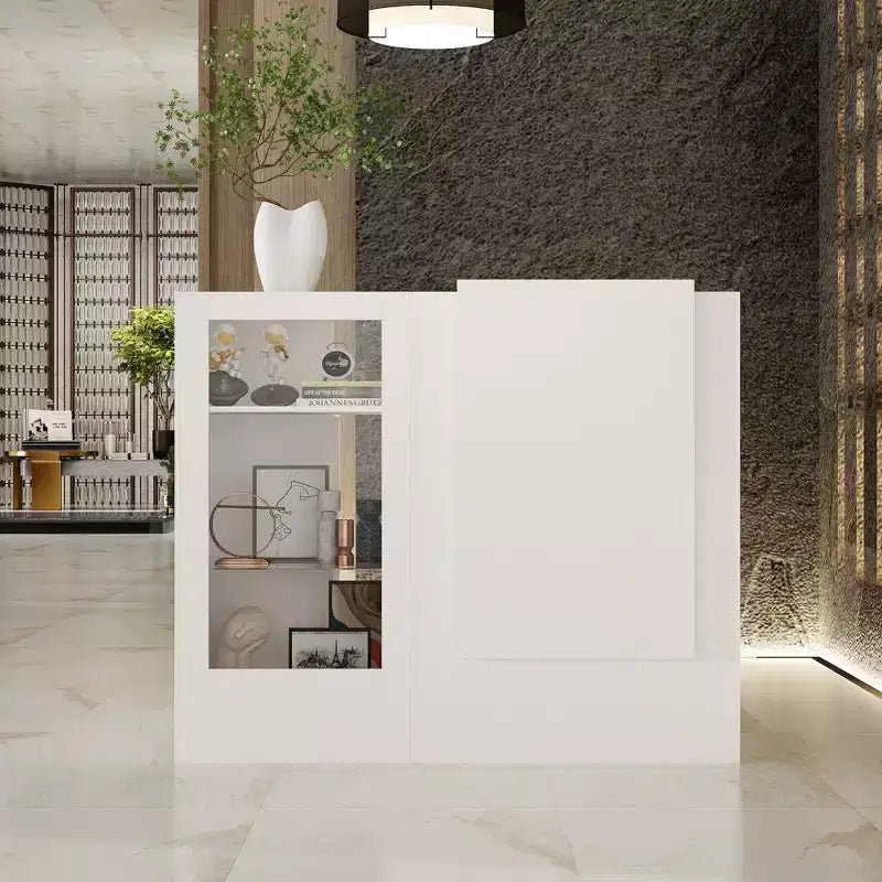 Comptoir de réception d'angle blanc Famapy avec vitrine en verre trempé