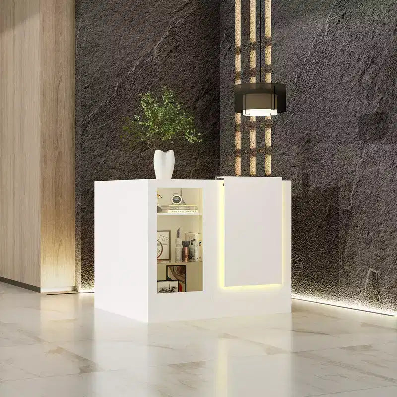 Comptoir de réception d'angle blanc Famapy avec vitrine en verre trempé