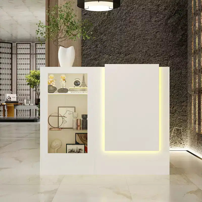 Comptoir de réception d'angle blanc Famapy avec vitrine en verre trempé