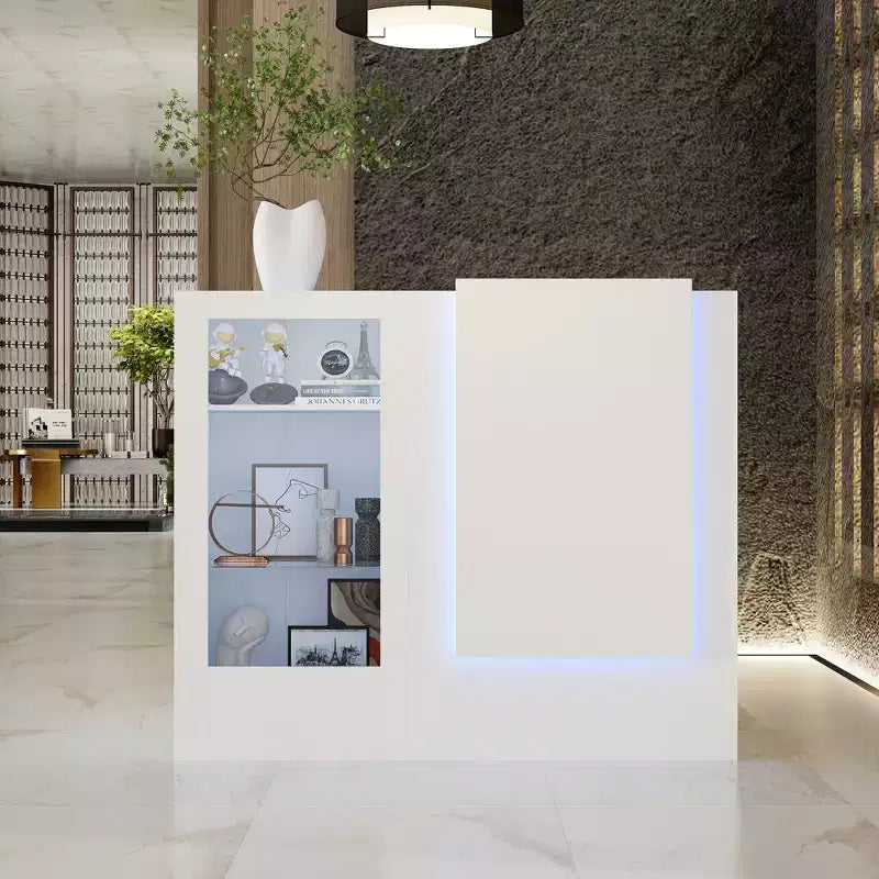 Comptoir de réception d'angle blanc Famapy avec vitrine en verre trempé