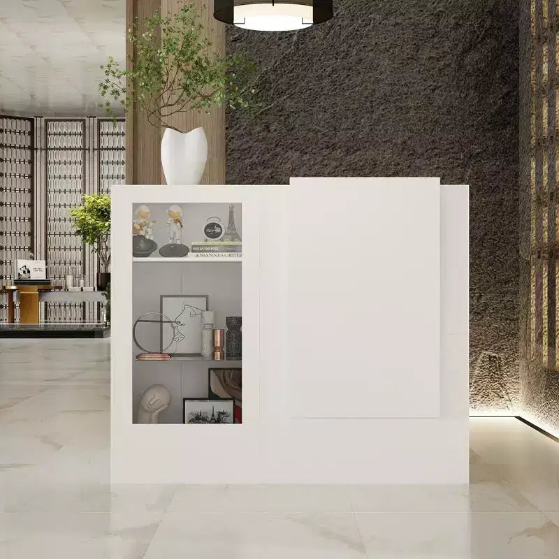 Comptoir de réception d'angle blanc Famapy avec vitrine en verre trempé
