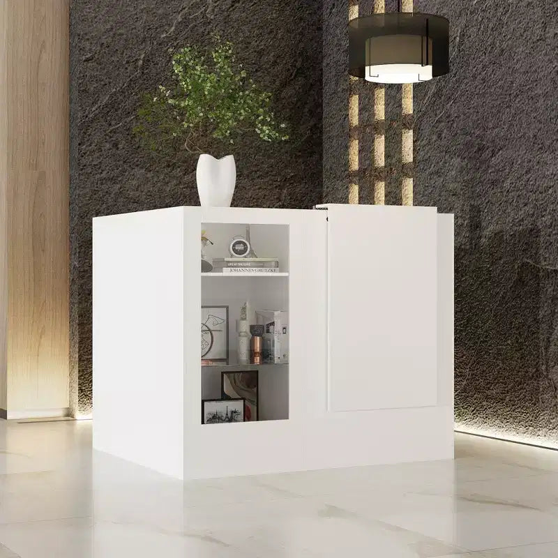 Comptoir de réception d'angle blanc Famapy avec vitrine en verre trempé