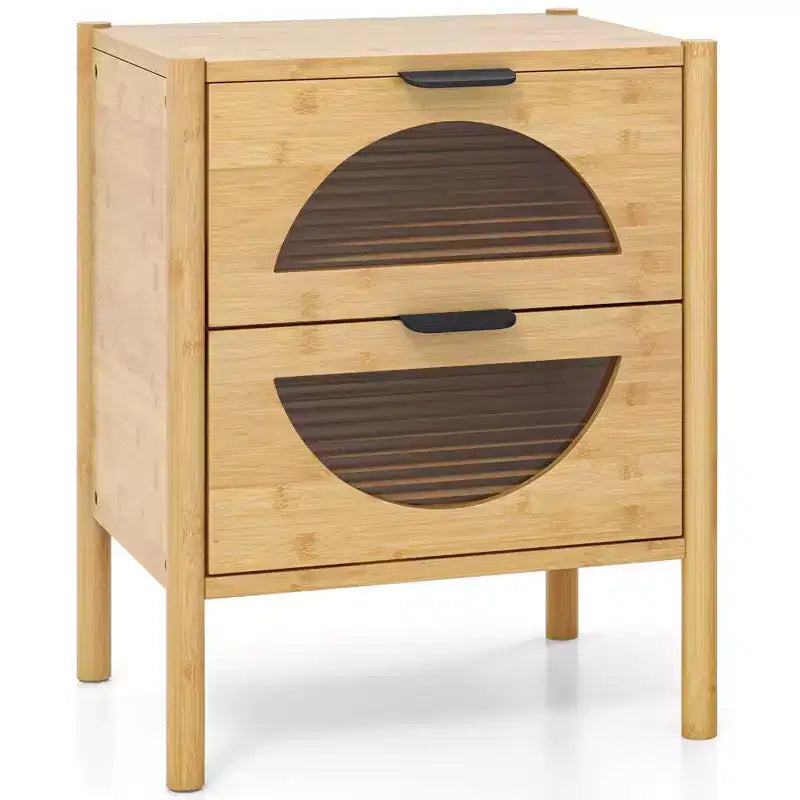 Costway Table de Chevet 1/2 PCS en Bambou avec 2 Tiroirs de Rangement et Façades en Verre Trempé Cannelé pour Chambre à Coucher