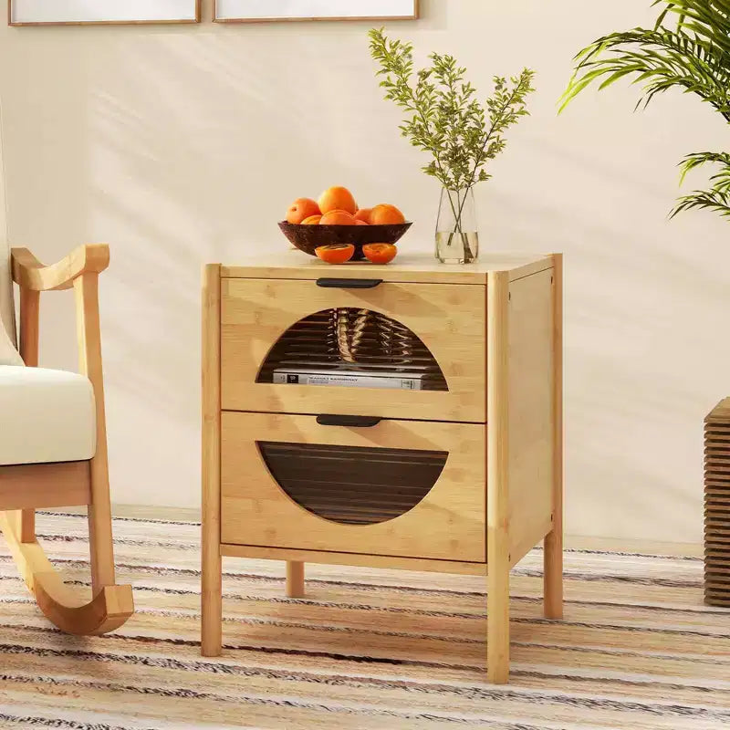 Costway Table de Chevet 1/2 PCS en Bambou avec 2 Tiroirs de Rangement et Façades en Verre Trempé Cannelé pour Chambre à Coucher