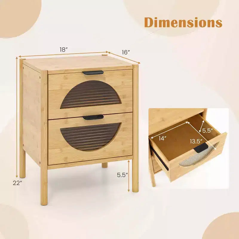 Costway Table de Chevet 1/2 PCS en Bambou avec 2 Tiroirs de Rangement et Façades en Verre Trempé Cannelé pour Chambre à Coucher