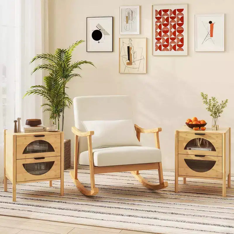 Costway Table de Chevet 1/2 PCS en Bambou avec 2 Tiroirs de Rangement et Façades en Verre Trempé Cannelé pour Chambre à Coucher