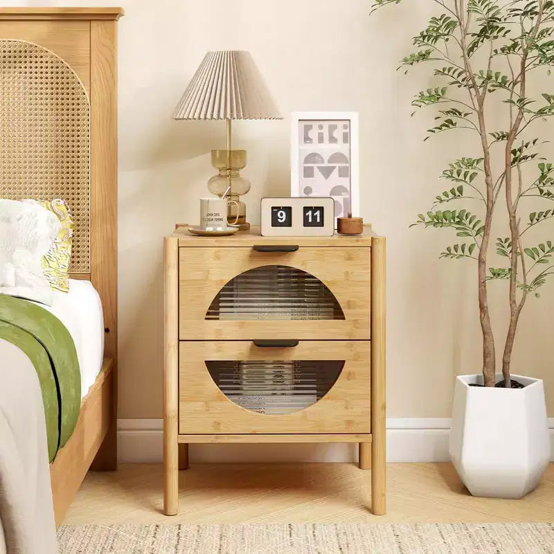 Costway Table de Chevet 1/2 PCS en Bambou avec 2 Tiroirs de Rangement et Façades en Verre Trempé Cannelé pour Chambre à Coucher
