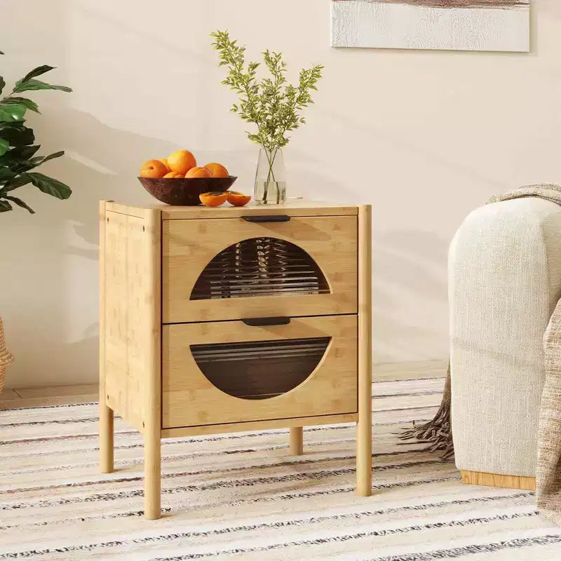 Costway Table de Chevet 1/2 PCS en Bambou avec 2 Tiroirs de Rangement et Façades en Verre Trempé Cannelé pour Chambre à Coucher