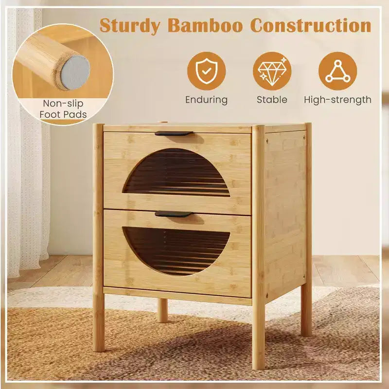 Costway Table de Chevet 1/2 PCS en Bambou avec 2 Tiroirs de Rangement et Façades en Verre Trempé Cannelé pour Chambre à Coucher