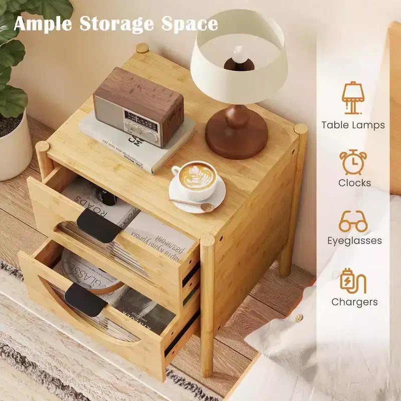 Costway Table de Chevet 1/2 PCS en Bambou avec 2 Tiroirs de Rangement et Façades en Verre Trempé Cannelé pour Chambre à Coucher