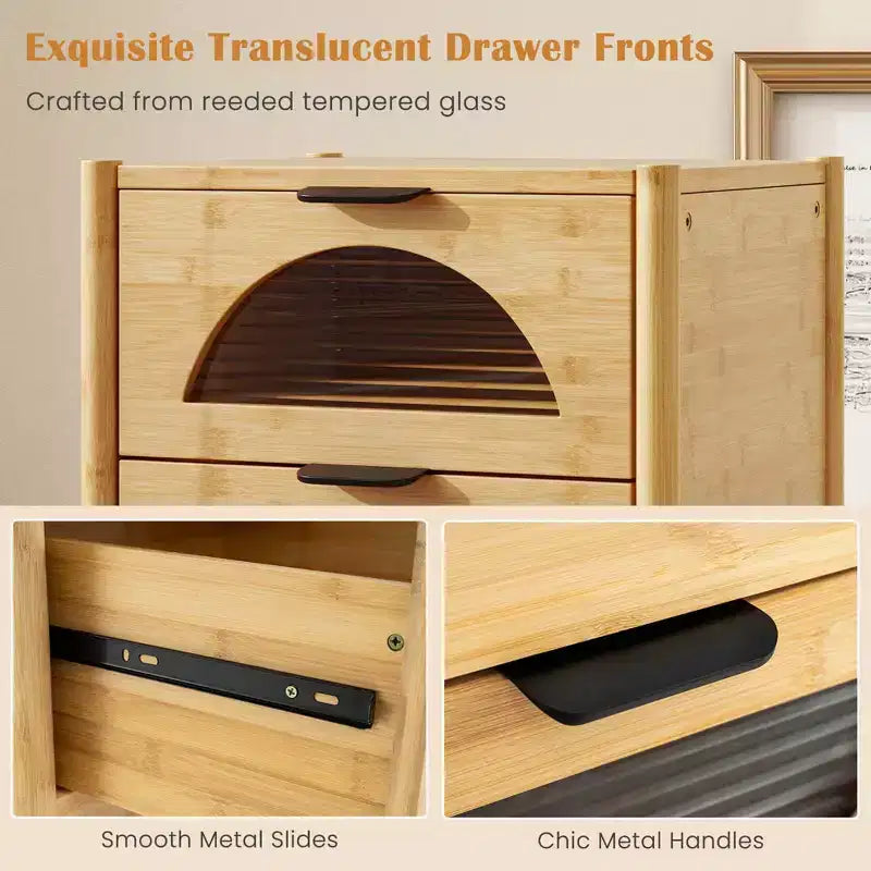 Costway Table de Chevet 1/2 PCS en Bambou avec 2 Tiroirs de Rangement et Façades en Verre Trempé Cannelé pour Chambre à Coucher