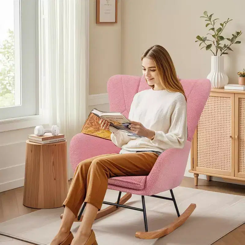 VECELO Fauteuil à bascule moderne en similicuir/tissu peluche, avec appuie-tête épais et siège rembourré Blanc/Marron/Rose