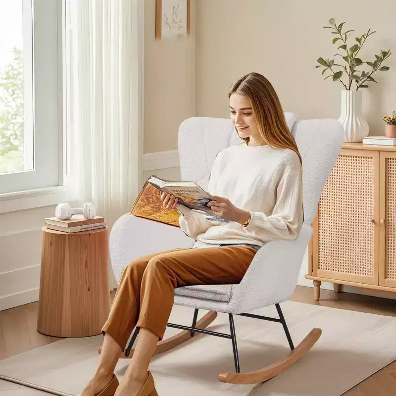 VECELO Fauteuil à bascule moderne en similicuir/tissu peluche, avec appuie-tête épais et siège rembourré Blanc/Marron/Rose