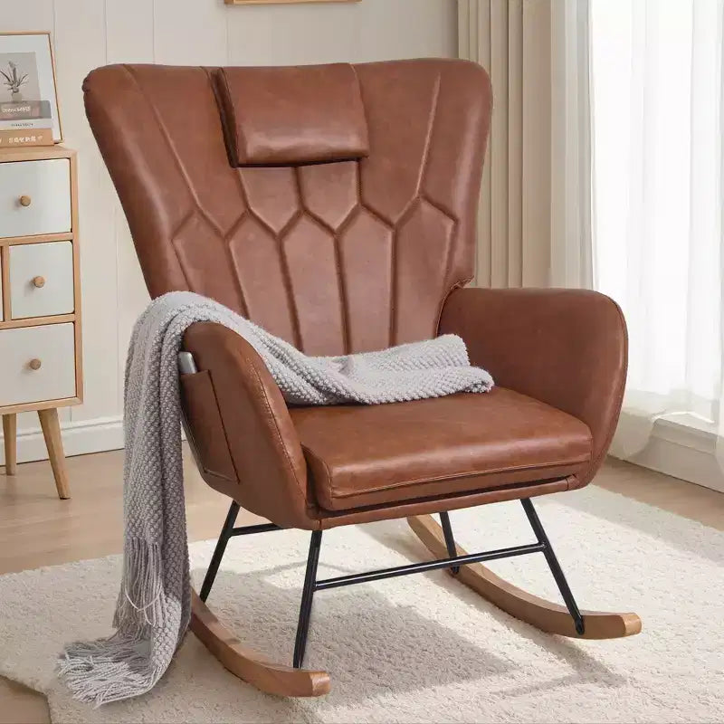 VECELO Upholstered Faux Leather/Teddy Fabric Rocking Chair Modern Glider Rocker Recliner with Thick Headrest, Padded Seat White/Brown/Pink