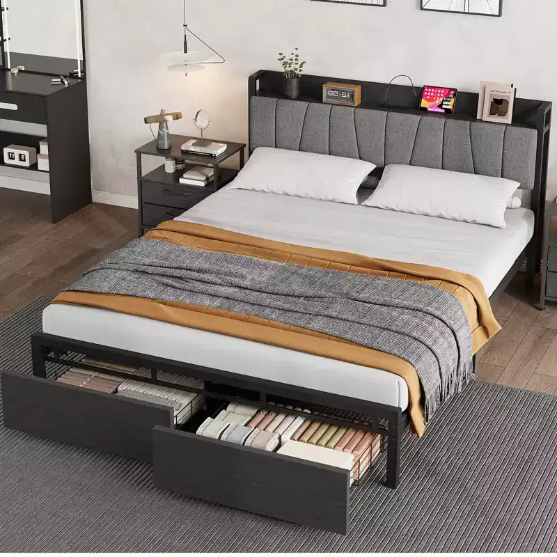 Cadre de lit double Whizmax avec tête de lit capitonnée, lit plateforme double industriel avec 2 tiroirs de rangement et station de recharge, pas besoin de sommier tapissier