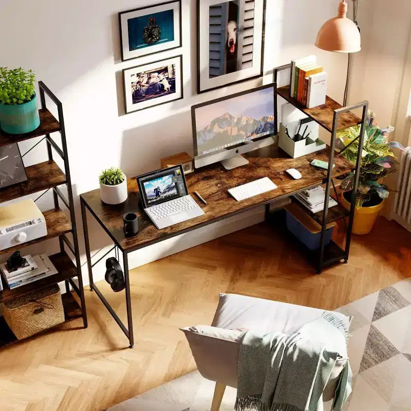 Bureau d'ordinateur réversible Bestier 47 pouces avec étagères de rangement pour bureau à domicile, Marron rustique