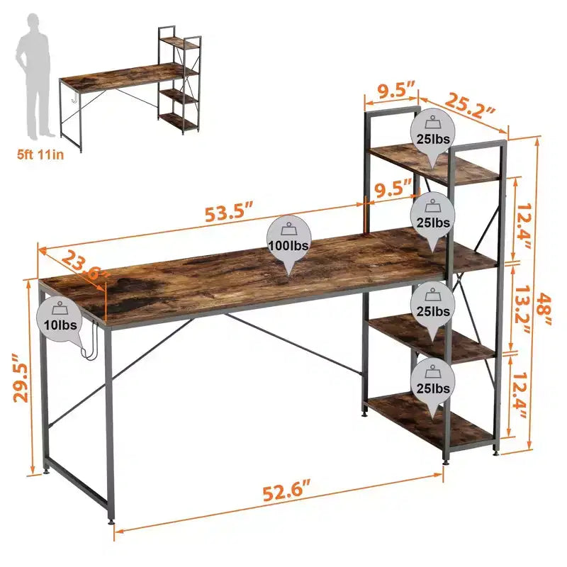 Bureau d'ordinateur réversible Bestier 47 pouces avec étagères de rangement pour bureau à domicile, Marron rustique