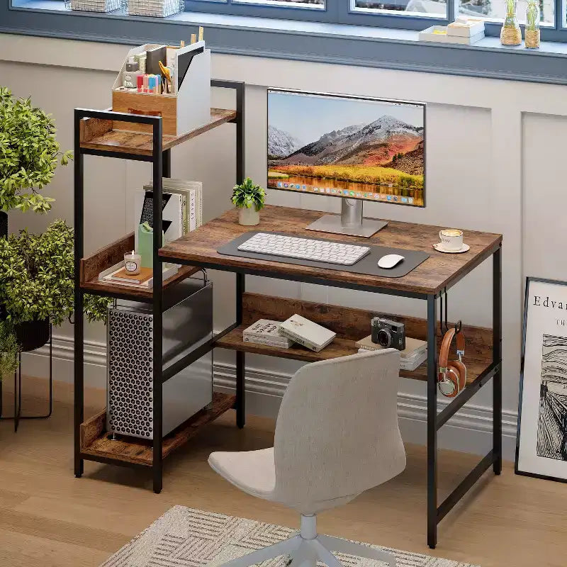 Bureau d'ordinateur réversible Bestier 47 pouces avec étagères de rangement pour bureau à domicile, Marron rustique