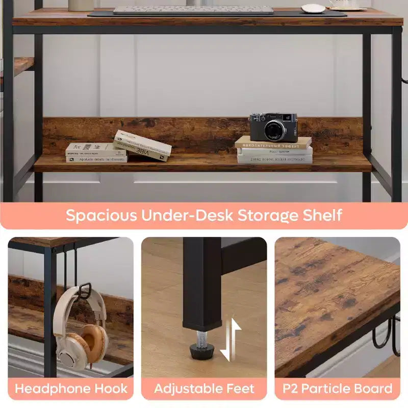 Bureau d'ordinateur réversible Bestier 47 pouces avec étagères de rangement pour bureau à domicile, Marron rustique