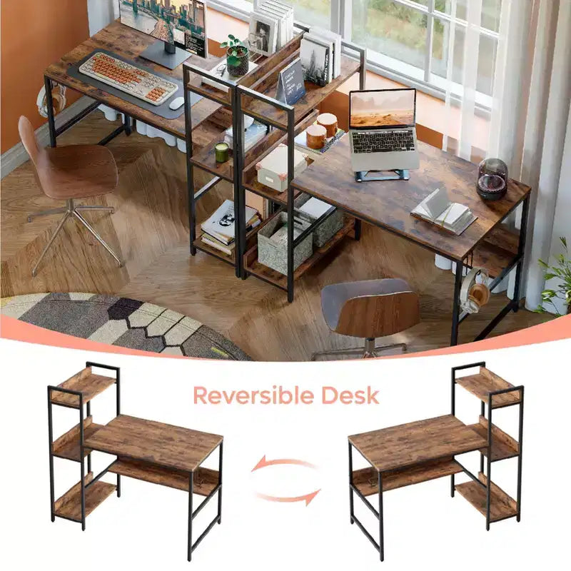 Bureau d'ordinateur réversible Bestier 47 pouces avec étagères de rangement pour bureau à domicile, Marron rustique