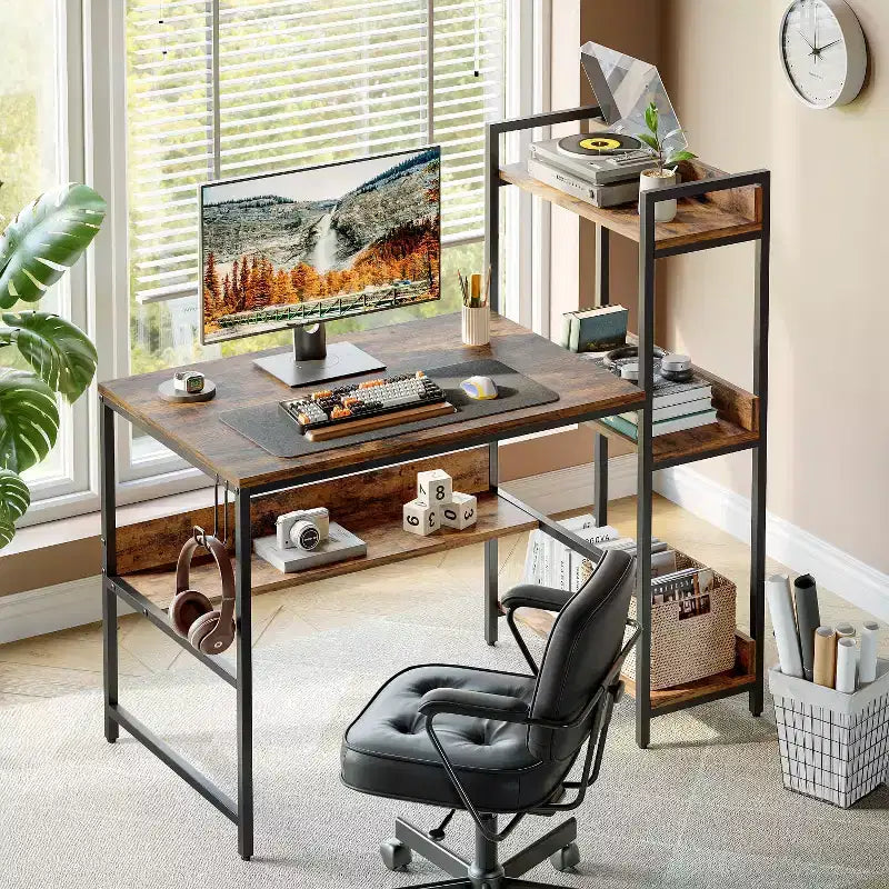 Bureau d'ordinateur réversible Bestier 47 pouces avec étagères de rangement pour bureau à domicile, Marron rustique