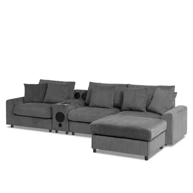 Canapé d'angle en velours côtelé de 290 cm avec haut-parleurs Bluetooth, chargeur USB, porte-gobelets et pouf - ModernLuxe