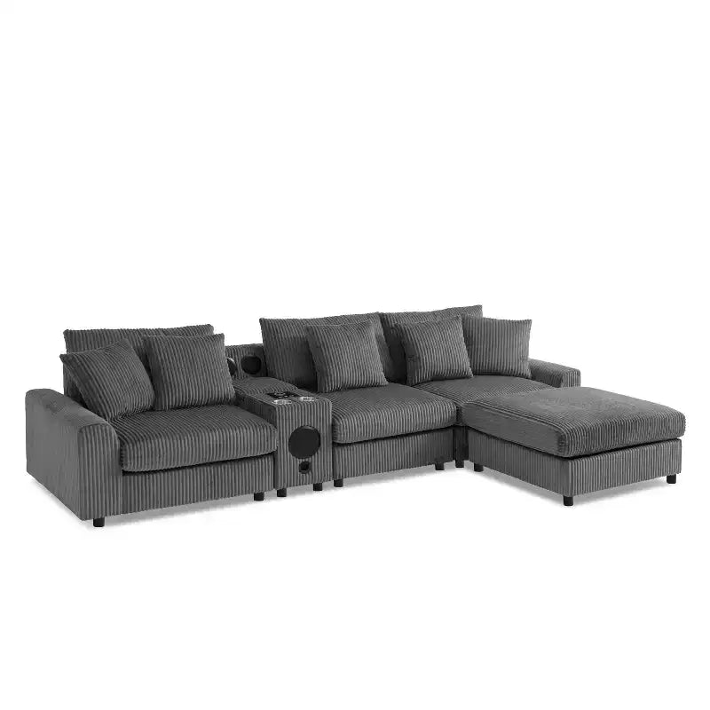 Canapé d'angle en velours côtelé de 290 cm avec haut-parleurs Bluetooth, chargeur USB, porte-gobelets et pouf - ModernLuxe