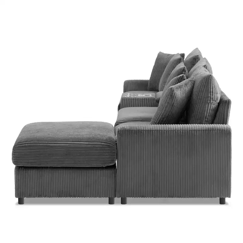 Canapé d'angle en velours côtelé de 290 cm avec haut-parleurs Bluetooth, chargeur USB, porte-gobelets et pouf - ModernLuxe