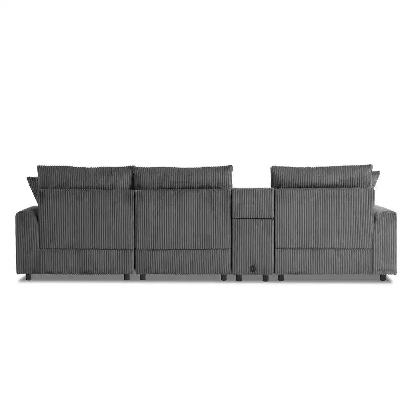 Canapé d'angle en velours côtelé de 290 cm avec haut-parleurs Bluetooth, chargeur USB, porte-gobelets et pouf - ModernLuxe