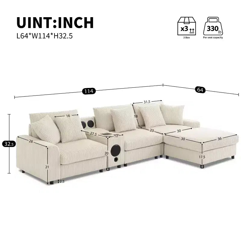 Canapé d'angle en velours côtelé de 290 cm avec haut-parleurs Bluetooth, chargeur USB, porte-gobelets et pouf - ModernLuxe