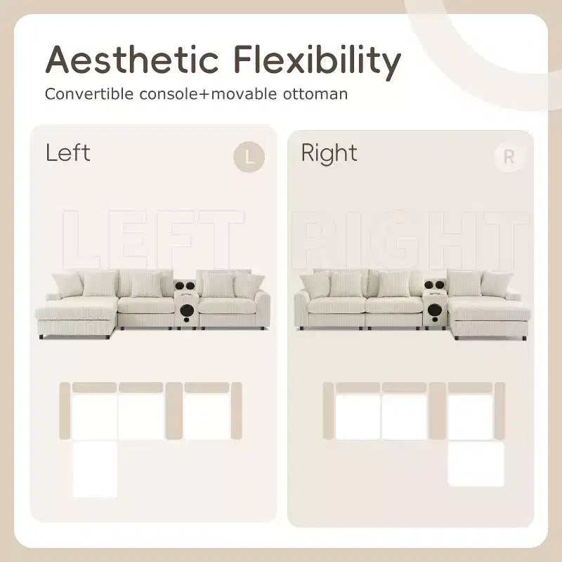 Canapé d'angle en velours côtelé de 290 cm avec haut-parleurs Bluetooth, chargeur USB, porte-gobelets et pouf - ModernLuxe