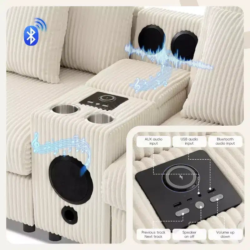 Canapé d'angle en velours côtelé de 290 cm avec haut-parleurs Bluetooth, chargeur USB, porte-gobelets et pouf - ModernLuxe