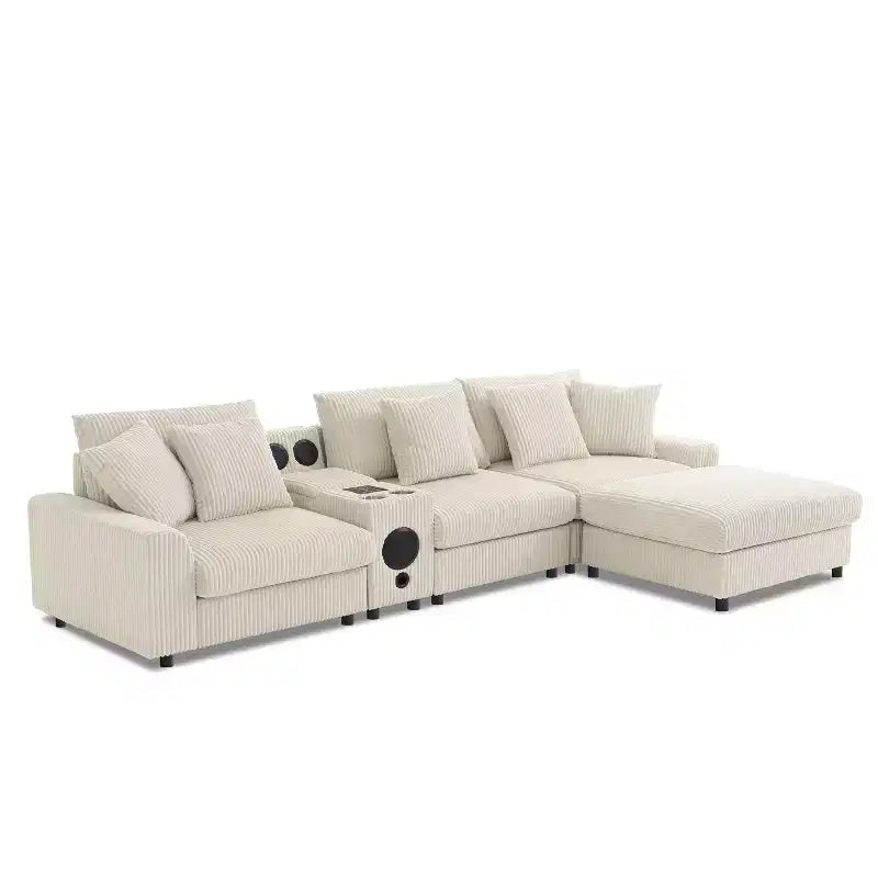 Canapé d'angle en velours côtelé de 290 cm avec haut-parleurs Bluetooth, chargeur USB, porte-gobelets et pouf - ModernLuxe