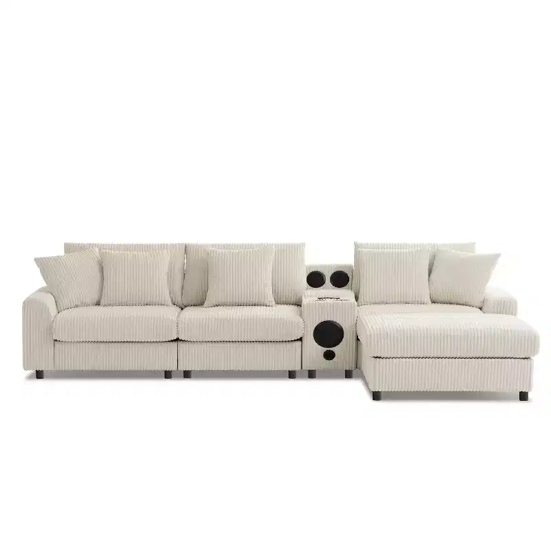 Canapé d'angle en velours côtelé de 290 cm avec haut-parleurs Bluetooth, chargeur USB, porte-gobelets et pouf - ModernLuxe