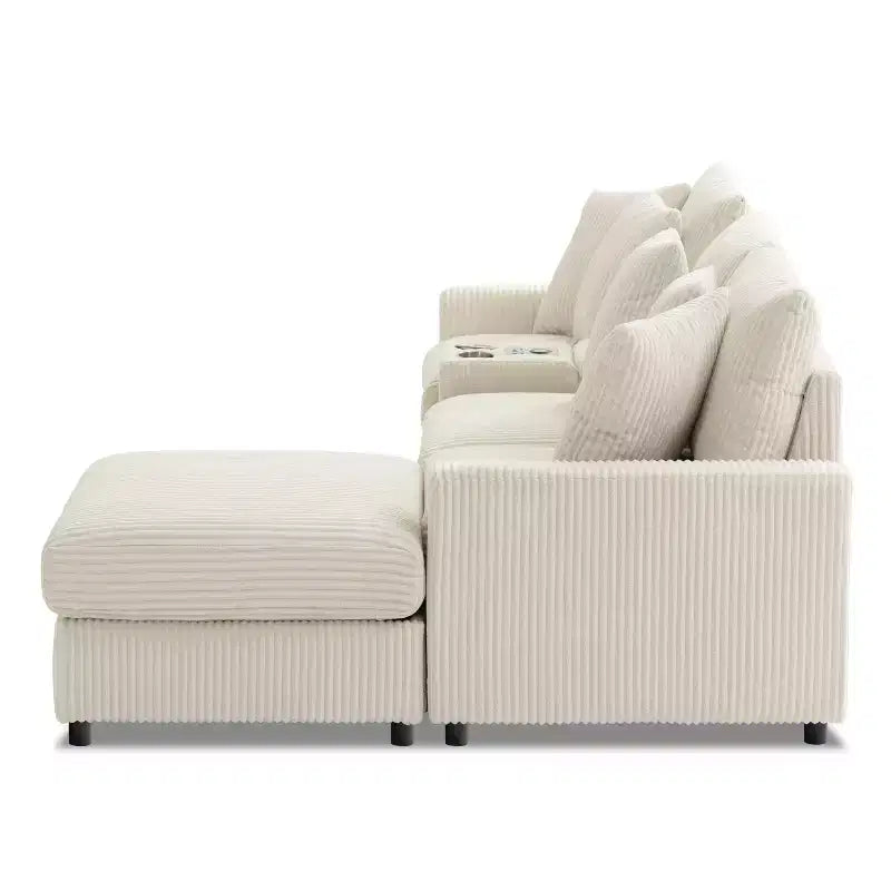 Canapé d'angle en velours côtelé de 290 cm avec haut-parleurs Bluetooth, chargeur USB, porte-gobelets et pouf - ModernLuxe