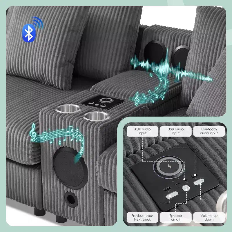 Canapé d'angle en velours côtelé de 290 cm avec haut-parleurs Bluetooth, chargeur USB, porte-gobelets et pouf - ModernLuxe
