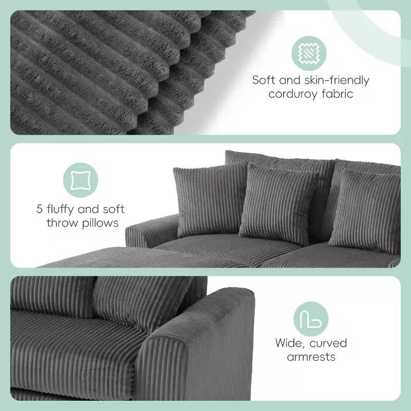 Canapé d'angle en velours côtelé de 290 cm avec haut-parleurs Bluetooth, chargeur USB, porte-gobelets et pouf - ModernLuxe
