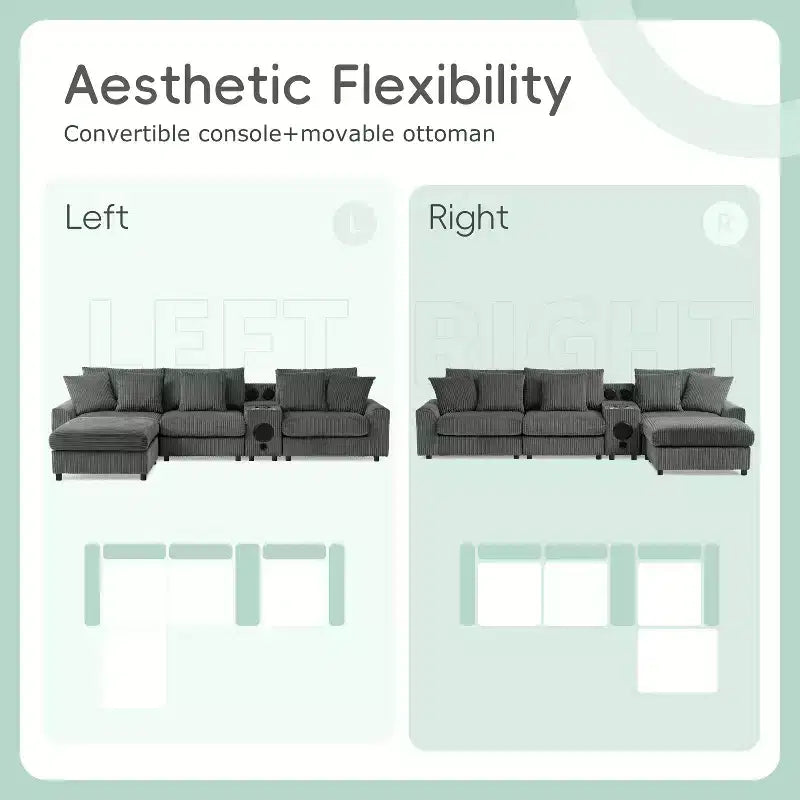 Canapé d'angle en velours côtelé de 290 cm avec haut-parleurs Bluetooth, chargeur USB, porte-gobelets et pouf - ModernLuxe