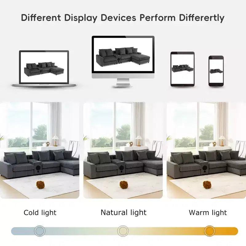 Canapé d'angle en velours côtelé de 290 cm avec haut-parleurs Bluetooth, chargeur USB, porte-gobelets et pouf - ModernLuxe