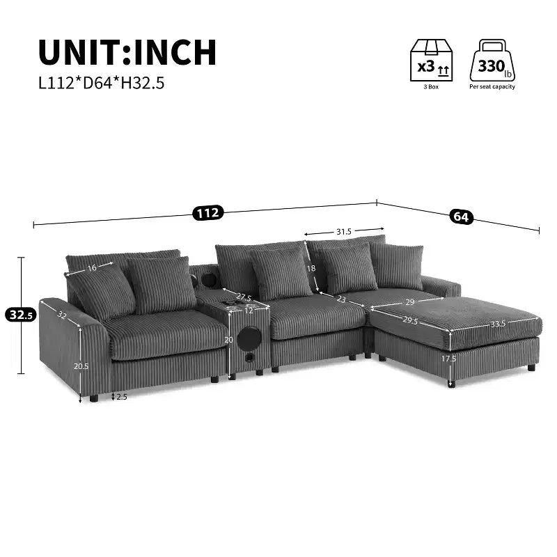 Canapé d'angle en velours côtelé de 290 cm avec haut-parleurs Bluetooth, chargeur USB, porte-gobelets et pouf - ModernLuxe