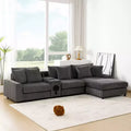114''W Corduroy L-Shaped Sectional Sofa with Bluetooth Speakers, USB Charger, Cup Holders and Ottoman - ModernLuxe